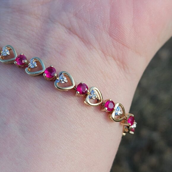10KT Yellow Gold Diamond & Lab Grown Ruby Heart Link Tennis Bracelet 8 Inches - Picture 10 of 15